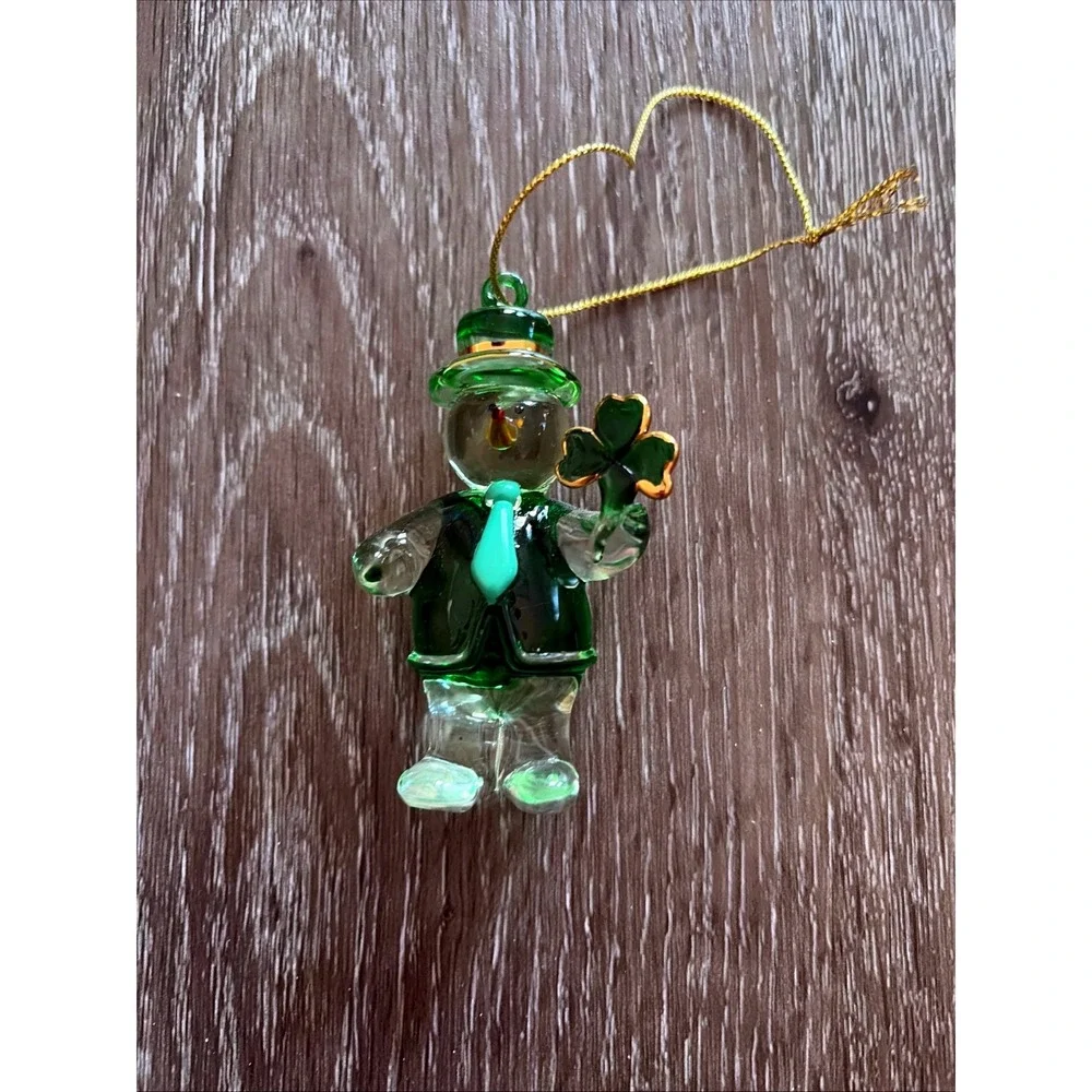Green Glass Irish Snowman Ornament St Patricks Day Shamrock Leprechaun 3 Inch